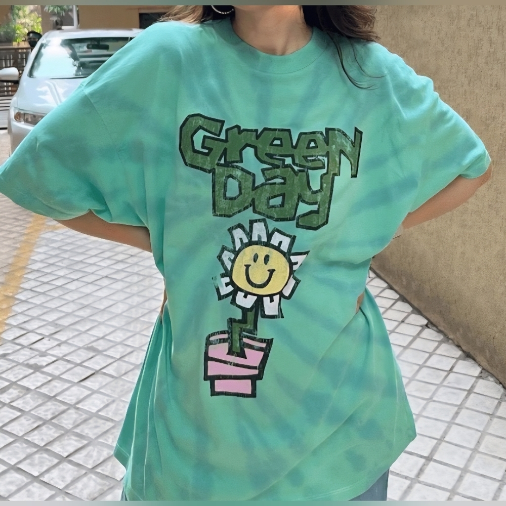 Divided, Tie-Dye 'Green Day' Graphic Tee with Flower Pot.